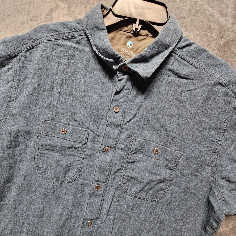 Kuhl Mens Blue Gray Linen Cotton Blend Short Sleeve Button Down Shirt Large 7218